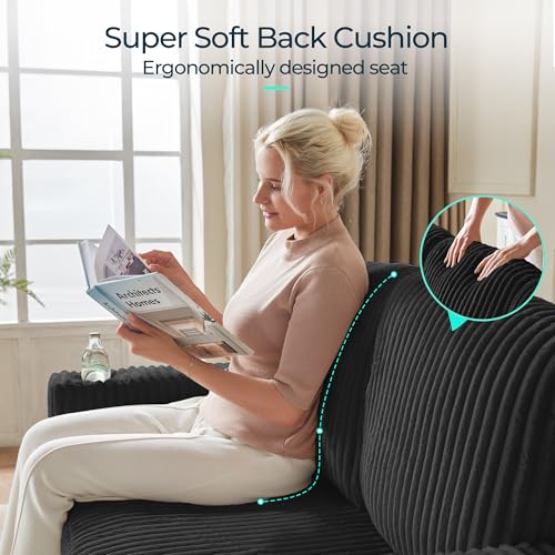 Image of LINSY HOME Loveseat Sofa with Pull Out Couch Chaise: 2-in-1 Convertible 2 Seater Sofa with USB Charging & Cup Holders, Comfy Plush Corduroy Love Seat for Small Spaces Living Room Apartment, Black
