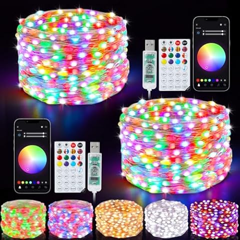 Smart Fairy Lights 2 Pack 66Ft 200 LED Twinkle String Lights with Remote & APP Control, Color Changing USB Christmas Tree Lights Music & Mic Sync for Indoor Outdoor Holiday Party Decor Cover