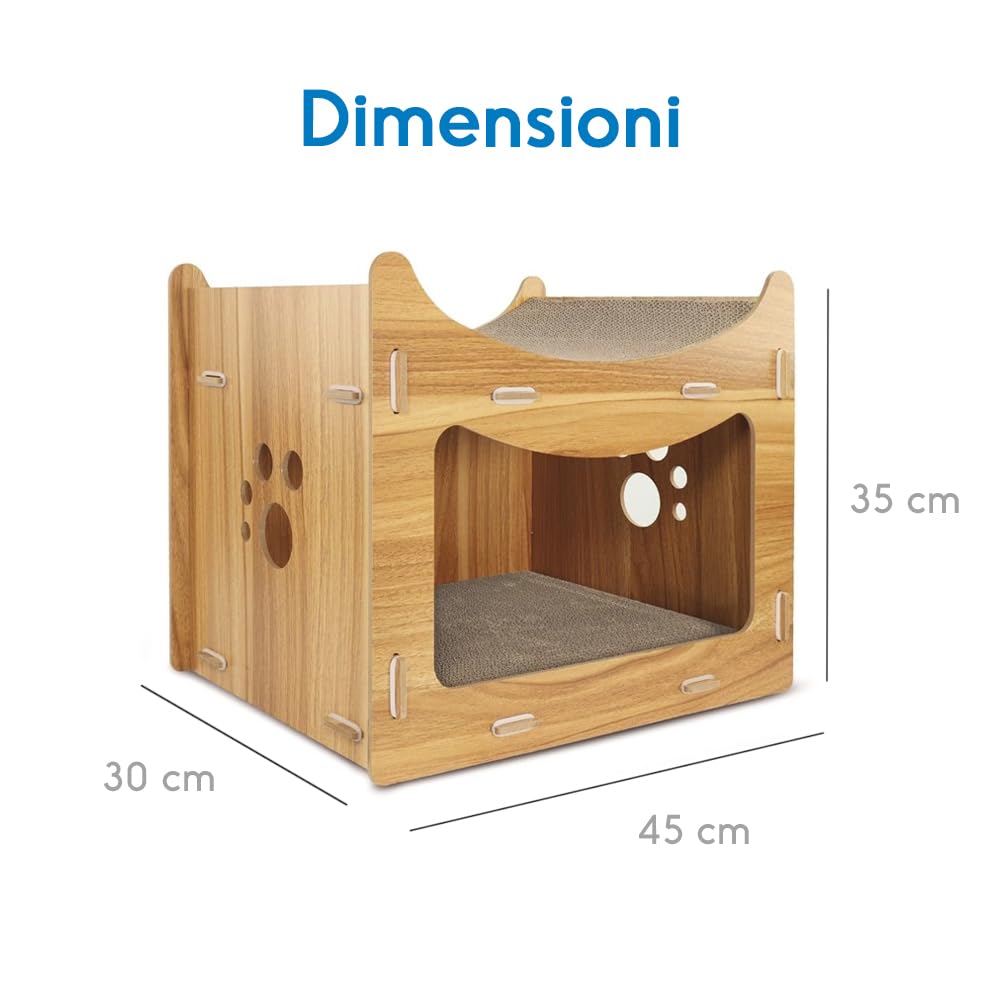 Record griffoir pour Chat Pagoda en Bois et Carton avec Herbe à Chat – Structure rectangulaire 45 x 30 x 35h – Niche Confortable – Couleur La Havane