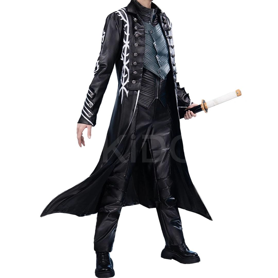 Vergil Cosplay Costume Set With Top Pants Tat Weaving Stand Collar Long Sleeves Zipper Closure For Men Game