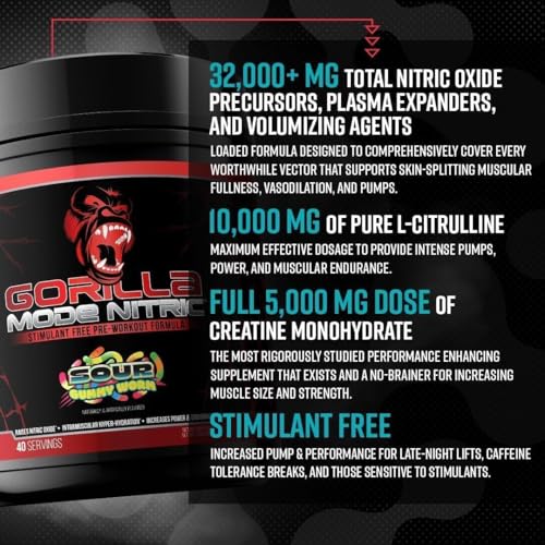 Image of Gorilla Mode Nitric Upgraded Stimulant Free Pre-Workout - Best Tasting and Most Effective Stimulant Free Pre-Workout /Massive Pumps . Vasodilation . Power / 780 Grams (Rainbow Sherbet)