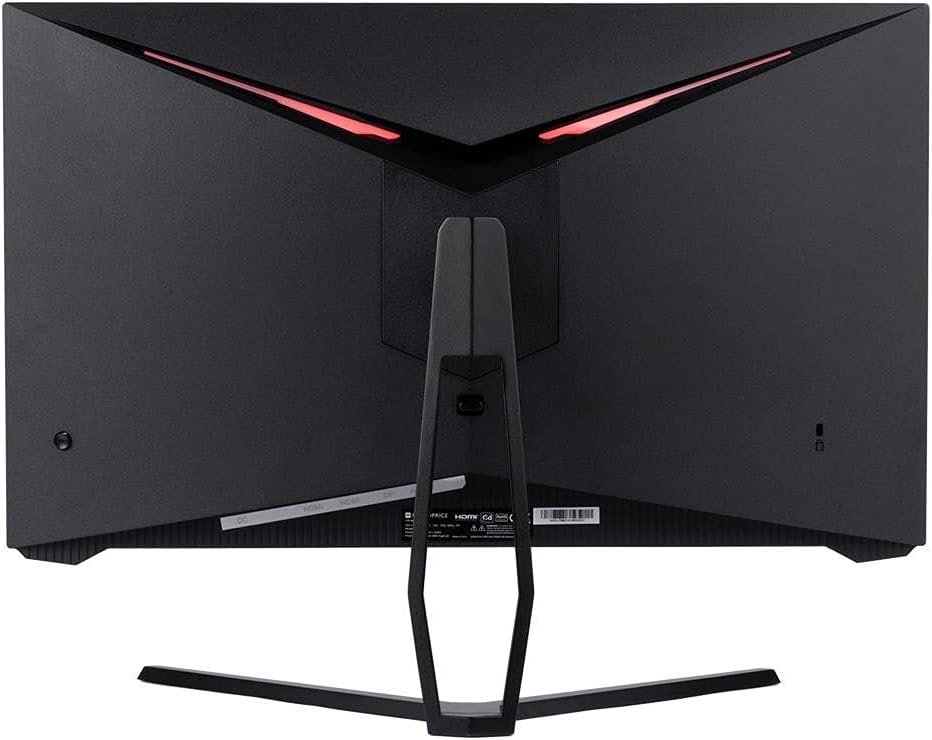 หลัง view of the Monoprice Dark Matter 27-inch gaming monitor, showing the VESA mount area, stand attachment, and red accent lighting.