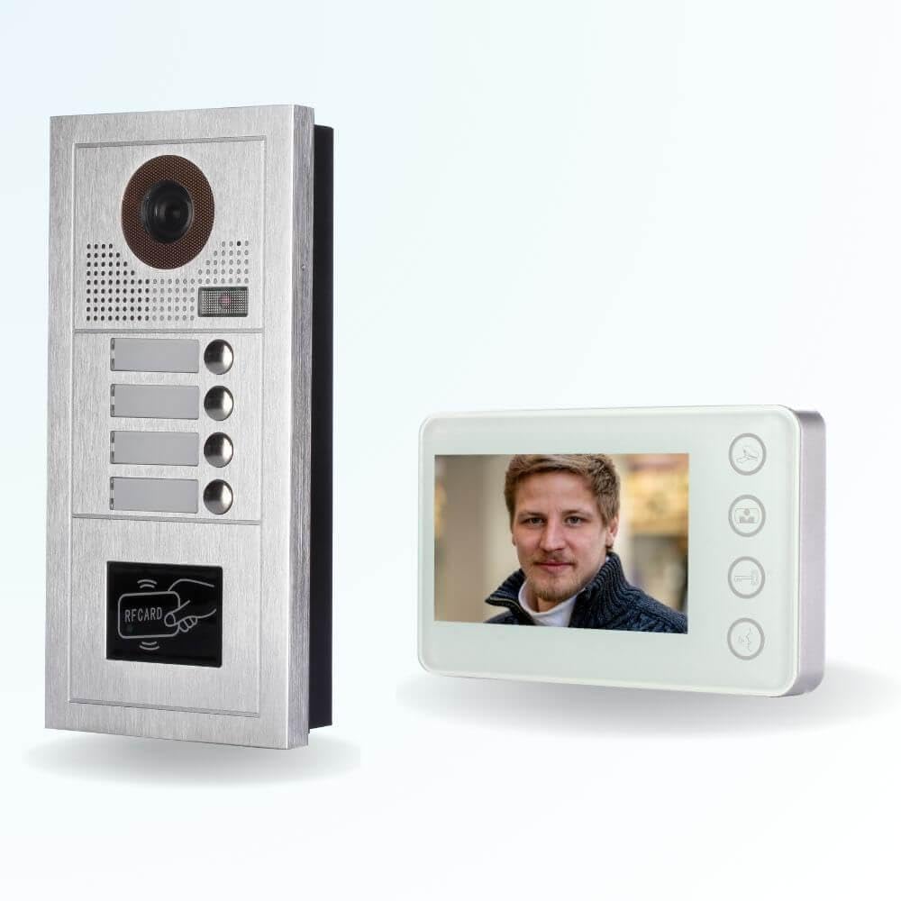 Portier interphone vidéo Modern 2 Fils - 4 Appartements - 4 écrans Blancs - avec Lecteur de Badge