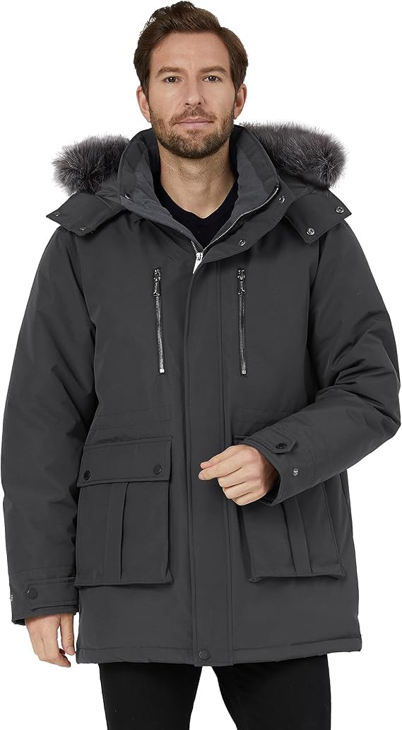 Wantdo Cappotto Spesso Caldo Invernale Giacca Media Lunghezza Antivento Parka con Cappuccio in Pelliccia Sintetica Giubbotto Slim Fit Idrorepellente Uomo