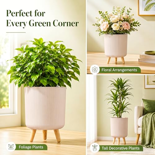 Image of Eightiz Store Modern Warm Beige Flower Pot with Plastic Legs | Indoor Outdoor Planter for Home Garden Balcony Decor Ribbed Design Sturdy Plastic Mid-Century Style (Warm Beige, Pack of 2)