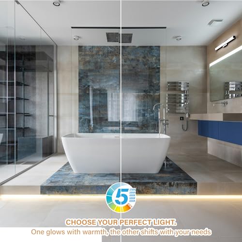 Image of 18 Inch Bathroom Vanity Light Fixtures with Night Light: Long Square Wall Mounted LED Lighting Bar Over Mirror with 5CCT & 2200K Color Changing, 120V, 780-900lm, ETL, Matte Black, 1 Pack