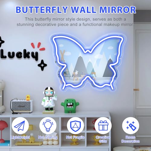 Image of Butterfly Neon Sign Mirror, Neon Sign for Wall Decor, LED Butterfly Light with Dimmable Brightness, 15.7 inch x 12 inch Mirror Neon Sign for Girls Room, Teen Bedroom Decor, Birthday Party Gift, USB Powered Blue