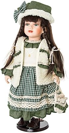 Elizabeth Porcelain Doll with Jewish Star of David, 20" Tall, Wearing Green & White Dress & Hat