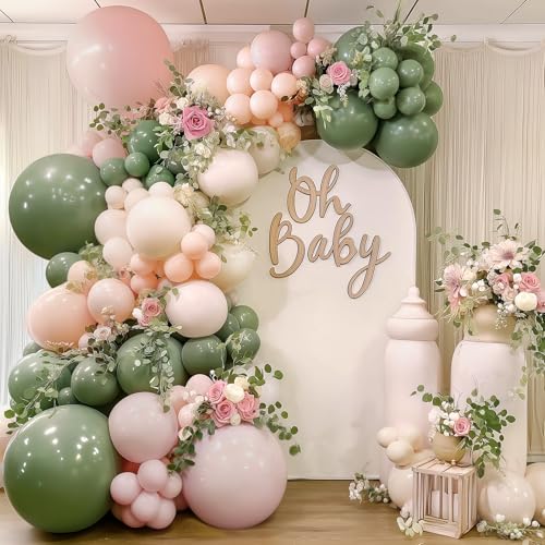 Image of Blocesa Pink Green White Sand Balloons Arch Kit, Latex, Party Decor | Sage Green, Pastel Pink, Sand White, Light Orange Balloons In Mixed Sizes. for Neutral Wedding, Birthday, Bridal Shower.