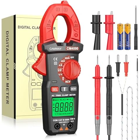 CAMWAY Digital Clamp Meter,Clamp Multimeter TRMS 600A AC Current AC/DC Voltage NCV Continuity Resistance Capacitance Temperature Diode Test,4000counts,Large Backlit LCD,Flashlight Cover