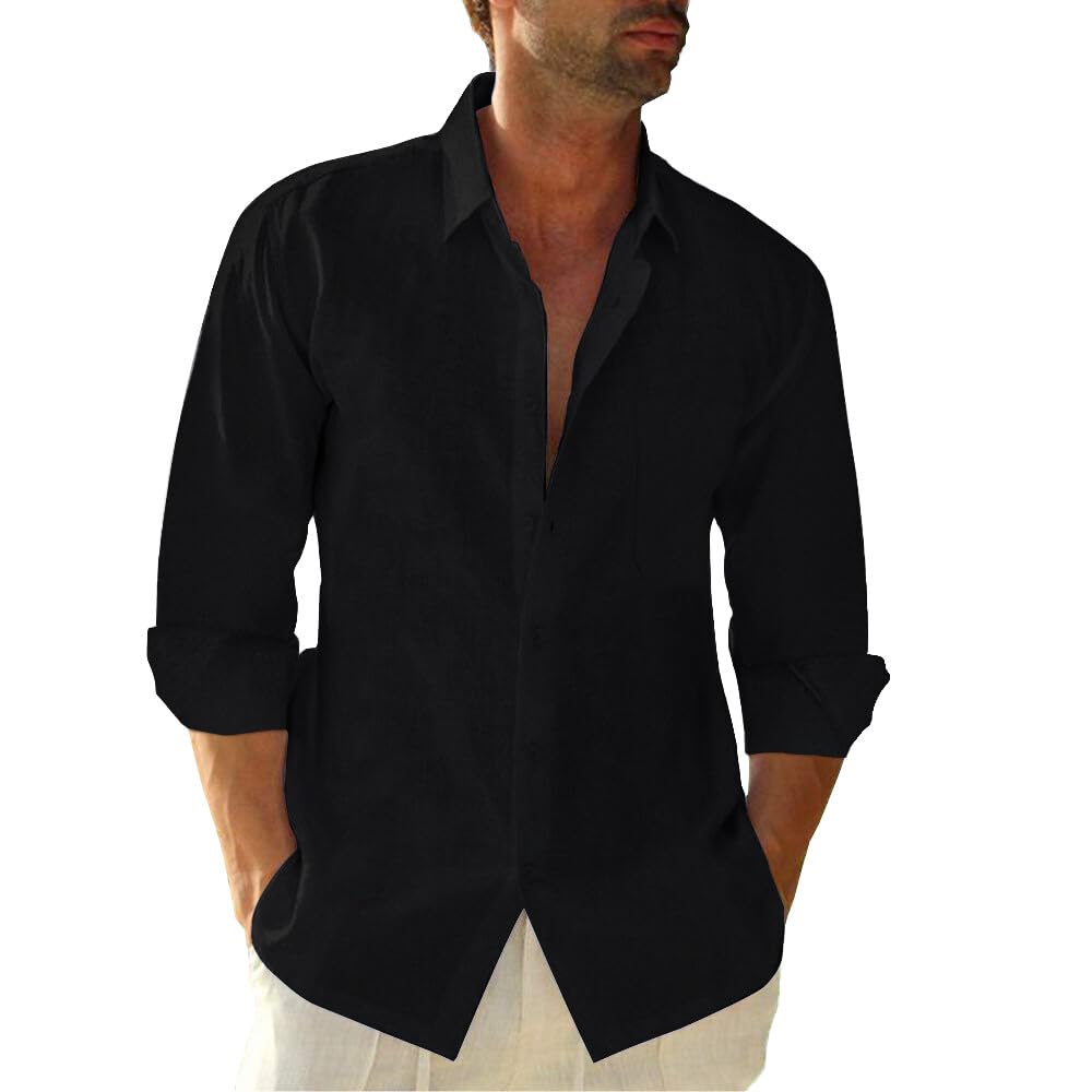JEKAOYI Mens Button Down Cotton Linen Shirts Casual Long Sleeve Beach Tops