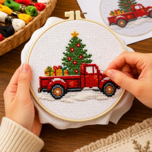 Image of Zhenqing 11CT Stamped Cross Stitch Kit for Adults Beginners, Hand Embroidery Christmas Ornaments with Hoops and Instructions - Four-Piece Stocking Set (68448)