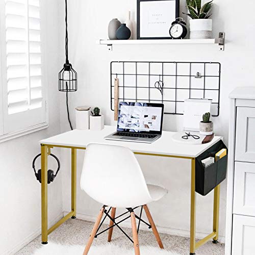 Lufeiya Small Computer Desk White Writing Table For Home Office Small Spaces 31 Inch Modern Student Study Laptop Pc Desks With Gold Legs Storage Bag Headphone Hook,White Gold #TOP3