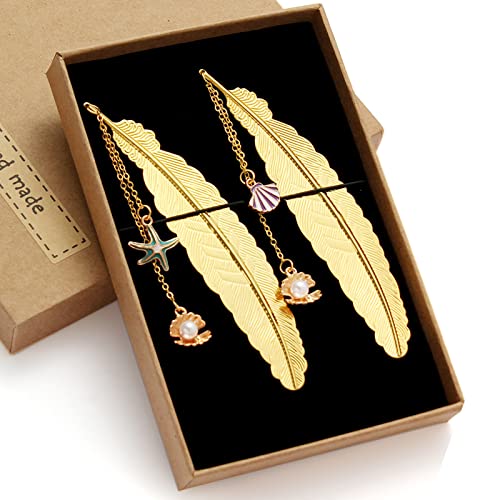2 Pcs Metal Feather Bookmarks With Unique Pendants By Soykay (Gold Seashell & Starfish) #TOP1