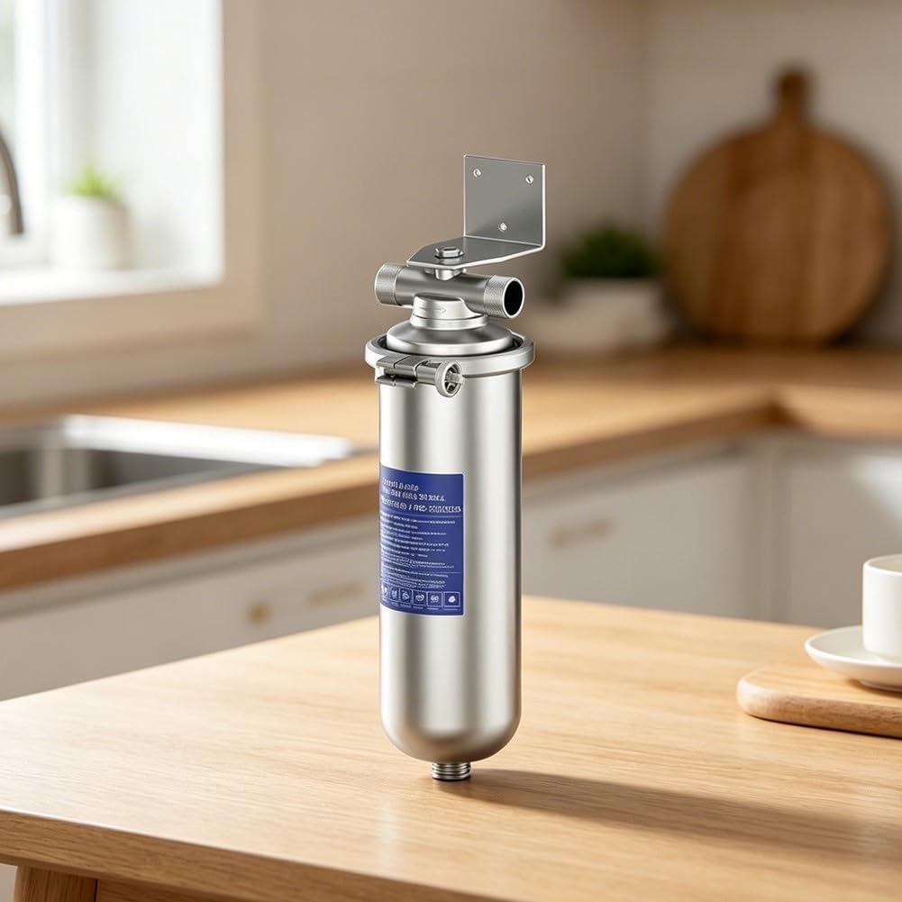 Filtro depuratore d'acqua ad alto flusso, capacità 4000 l, in acciaio inox, pre-filtro per sedimenti per impianti idraulici domestici, 29,5 x 85 cm, argento (seta esterna a 4 punti)