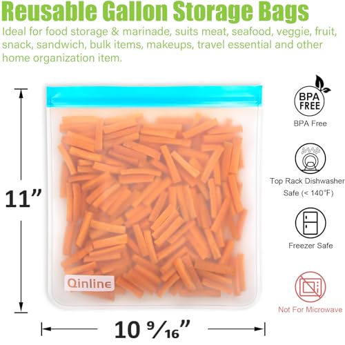 Qinline KD-SMZD055-001 Reusable Gallon Food Storage Bags - 10 Pack Bpa Free Dishwasher Safe Gallon Freezer Bags, Extra Thick Leakproof Silicone & Plastic Free Reusable Lunch Bag For Marinate Meats thumb #2