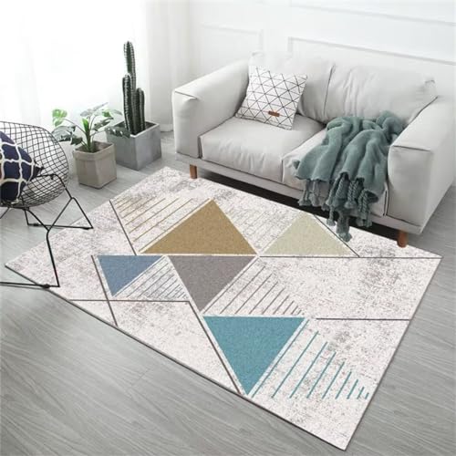 Tapis de salon bleu 120x150cm lavable à poils courts géométrique