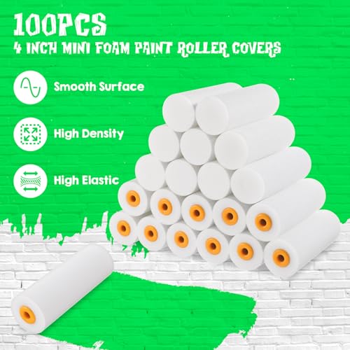 100 peças de rolo de tinta de espuma de 10 cm rolo de espuma de alta densidade mini refil de rolo de