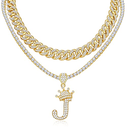 Wfyou Cuban Link Chain For Women Crown Gold Initial Pendant Necklace 18K Gold Plated Alphabet Letter Pendant Choker Hip Hop Diamond Chain Custom Name Necklace Trendy Dainty Rapper Jewelry Gift #TOP26