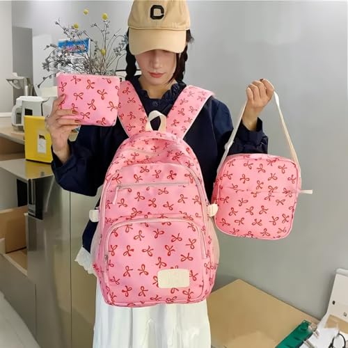Conjunto de 3 peças de mochila com laço Coquette, linda mochila com lancheira e bolsa para mulheres, mochila para laptop para trabalho e viagem, Vermelho rosa, Large, Elegante