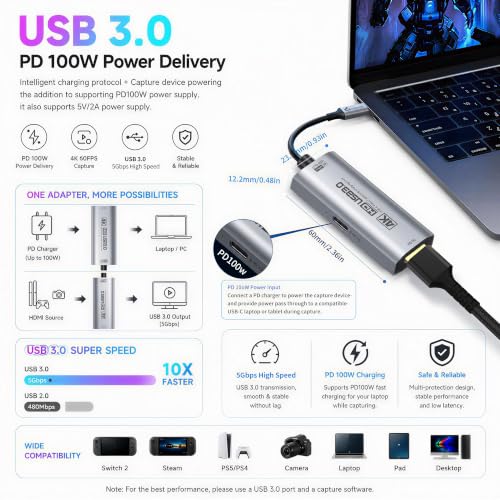 Image of Guermok 4K USB3.0 HDMI Video Capture Card for Streaming, PD100W, 4K@60FPS | 90 USBC, 3.3ft, 2k@120FPS HDMI to USB C /A Video Capture Devices for Pad /Tablet / MacOS /Switch2 /1 / Xbox / Camera / PC / Laptop