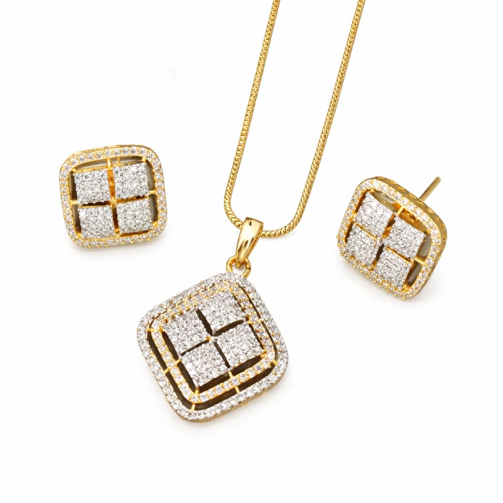 Fashion o mania gold Plated American Diamond Pendant Set with Earrings, Square Cut Crystal Design, Chain Necklace Jewelry Set for Women-image-47