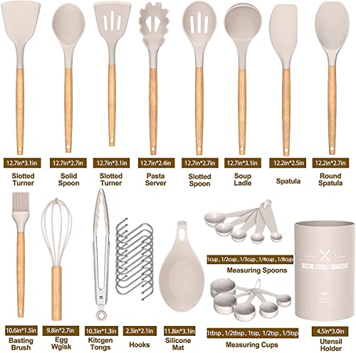 Umite Chef Kitchen Cooking Utensils Set, 33 Pcs Non-Stick Silicone Cooking Kitchen Utensils Spatula Set With Holder, Wooden Handle Silicone Kitchen Gadgets Utensil Set (Khaki) #TOP1