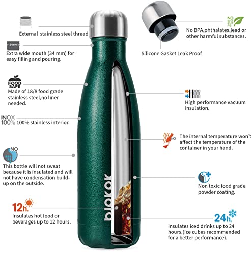 Image of BJPKPK Insulated Water Bottles 17oz, Leak Proof Stainless Steel Water Bottle Keeps Cold for 24 Hours and Hot for 12 Hours, BPA Free,Green