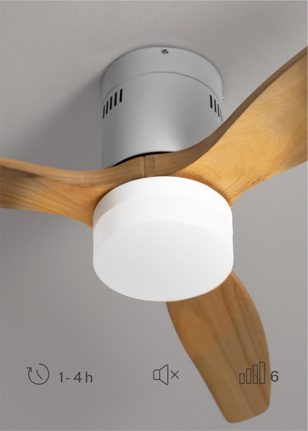 CREATE / WINDCALM M/Ventilateur de plafond ABS avec lumière et télécommande blanc pales effet bois clair / 40W, Silencieux, Ø132 cm, 6 vitesses, minuterie, été-hiver, double hauteur,