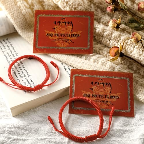 Kigeli 2 Pcs Authentic Blessed Tibetan Handmade Red String Bracelet Lucky Dorje Knot Protection Red Bracelet with Amulet Card Chinese Braided Tibetan Monks Gift for Women Men 5