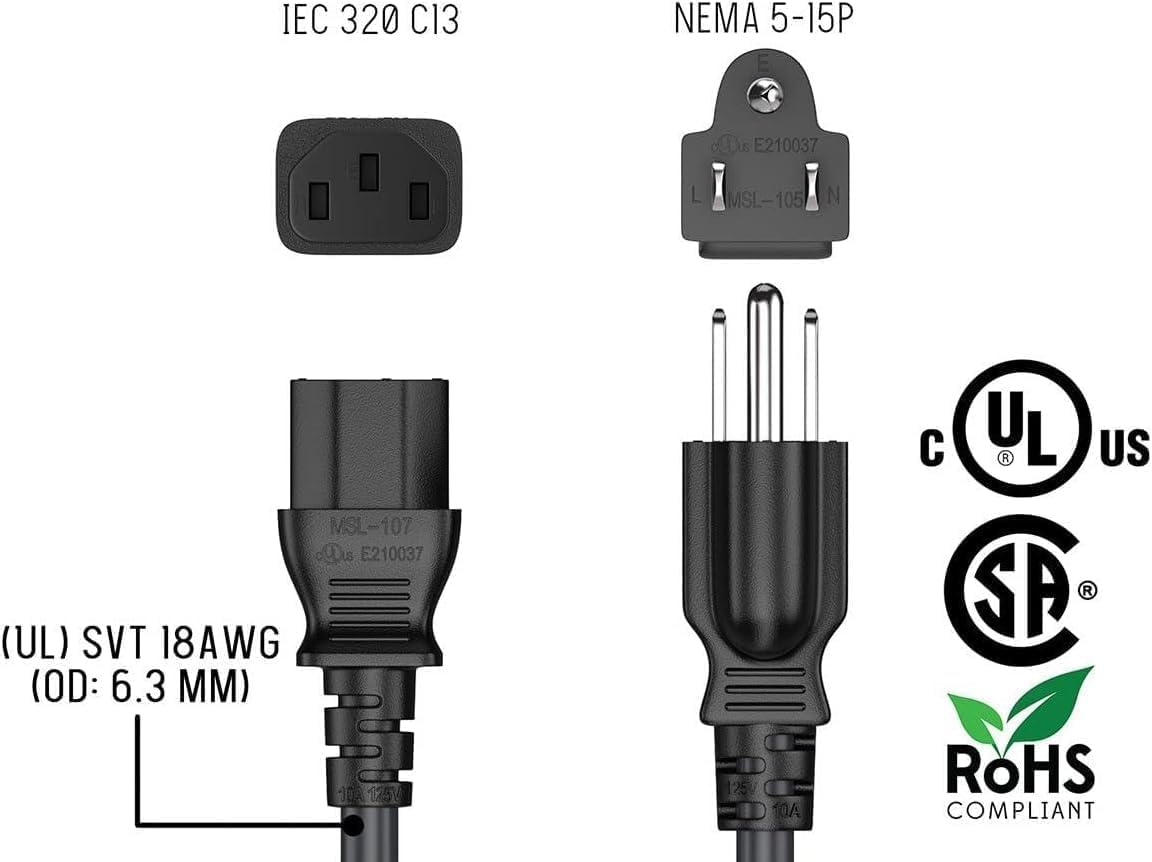 Amazon.com: PowerHOOD UL Listed 10Ft 3Prong Replacement Power Cord