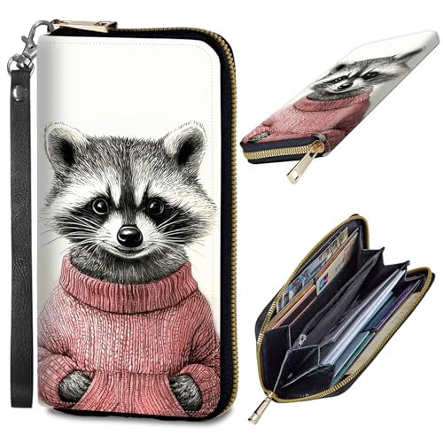 Womens Wallet, PU Leather RFID Cute Wristlet Wallets for Girls Women Ladies Purse Large Credit Card Clutch Purse Card Holder Coin Pocket Travel Wallets with Zipper, Art Cute Raccoon