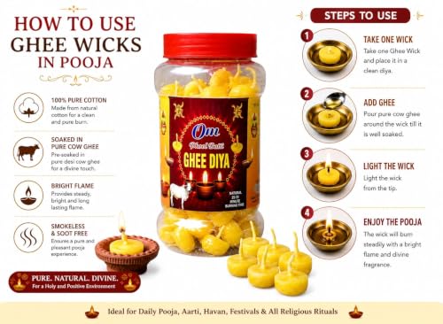 Image of Om Phool Batti Ready to Use Pure Cow Ghee Diya Cotton Wicks-4 Jar of 100Pcs