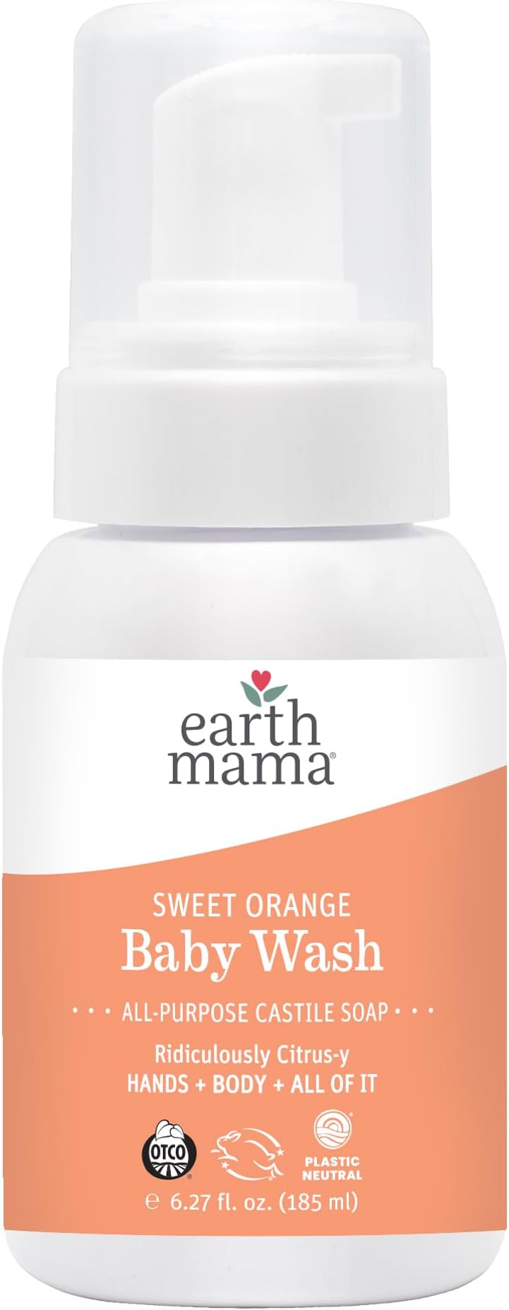 Earth Mama Sweet Orange Baby Liquid Wash Foaming Hand Soap, Organic All Purpose Body Wash for Sensitive Skin, Castile Soap with Coconut Oil, Shea Butter, Calendula, & Aloe, 6.27 fl oz