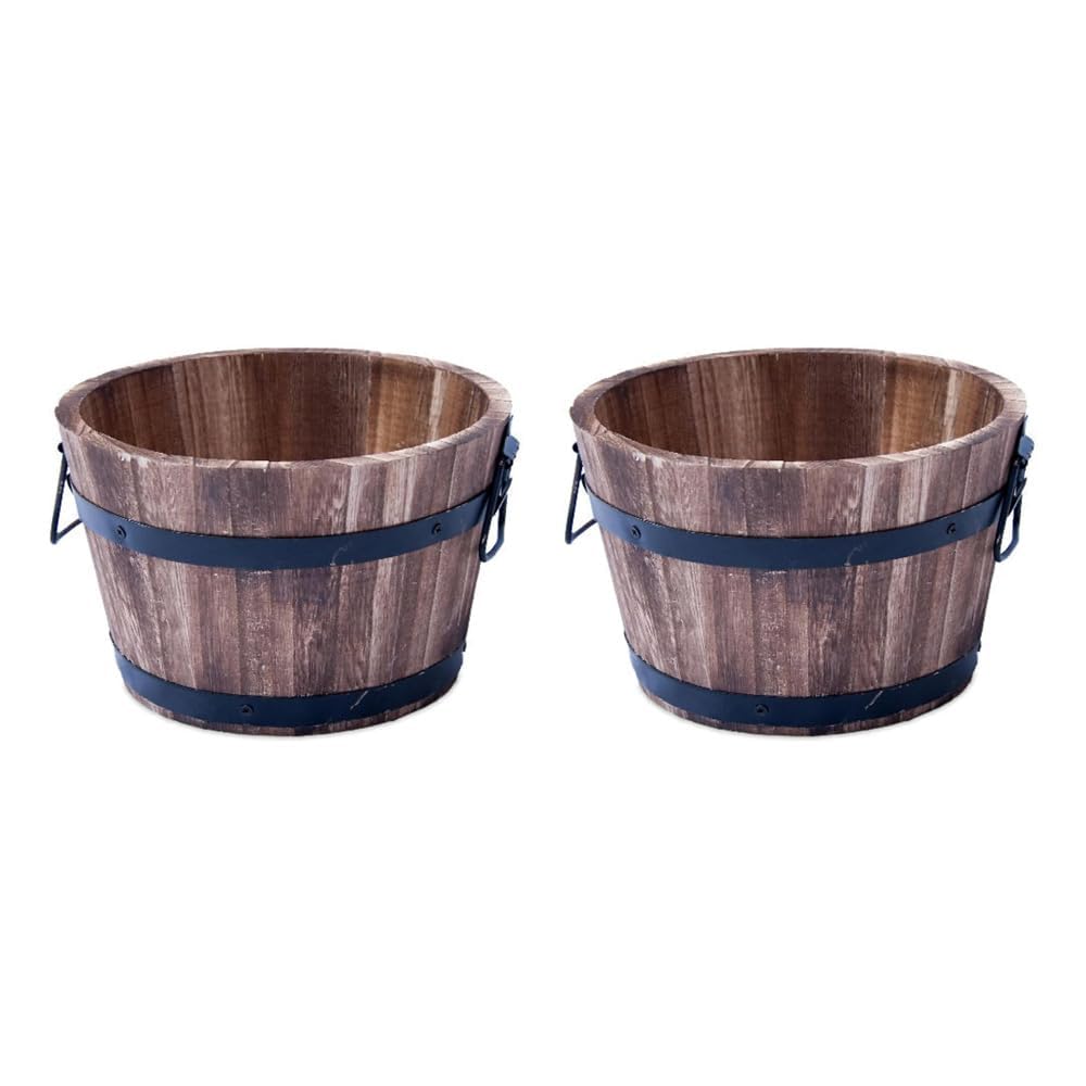 shopior Rustic Round Burnt Wood Whiskey Barrel Planter – Outdoor Wooden Garden Plant Pot with Handles – Weatherproof Flower Tub with Drainage – Decorative Patio & Balcony Planter (Pack of 2, 45cm)
