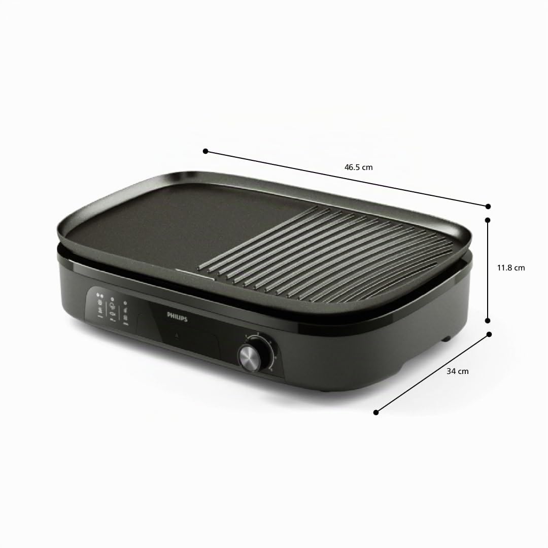 Philips Parrilla Grill Serie 3000 – Parrilla familiar grande, 2400 W de calentamiento rápido, temperatura ajustable, revestimiento antiadherente, fácil limpieza (HD6210/95)