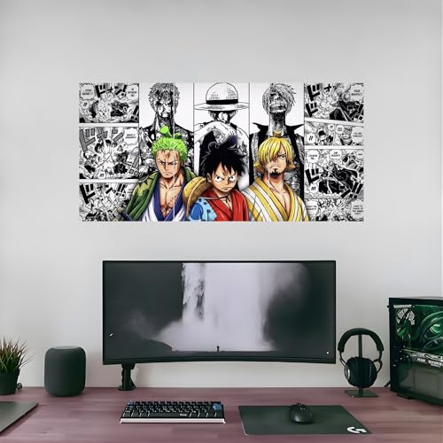 Image of Aniculture One Piece Luffy, Zoro & Sanji Split Poster Set of 3, A4 Size Each - Panoramic Anime Wall Art Collage - 300 GSM Ultra HD Print Quality - Self-Adhesive - 24 x12 Inches Large Decor