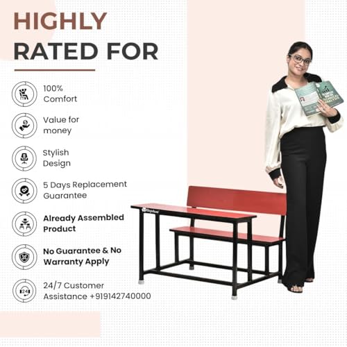 Image of GOYALSON School Home Tution College Bench Duel Desk Student Bench Cum Duel Desk Strong and Sturdy Metal Standard Structure with Wooden Top (4, Red, Small Students with Back)