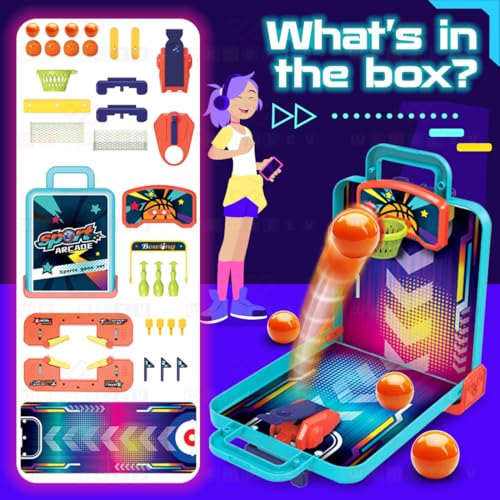 Image of Wembley 3 in 1 Alley Ball Game for Kids Includes Pinball Bowling Basketball Arcade Machine Toy Tabletop Indoor Game Easy to Assemble Birthday Gift for Boys Girls, Multicolor