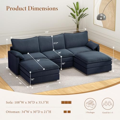 Image of Vesgantti 108 inch U Shaped Sectional Couch, Comfy Cloud Modular Sectional Sofa with 2 Ottoman Deep Seat Chenille Modern Cloud Sofa, Modular Sofas for Living Room, Bedroom and Apartment, Blue