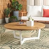 SAFAVIEH Outdoor Collection Leo Natural/White 3-Leg Round Coffee Table, Ideal for Deck, Patio, Backyard, Sunroom