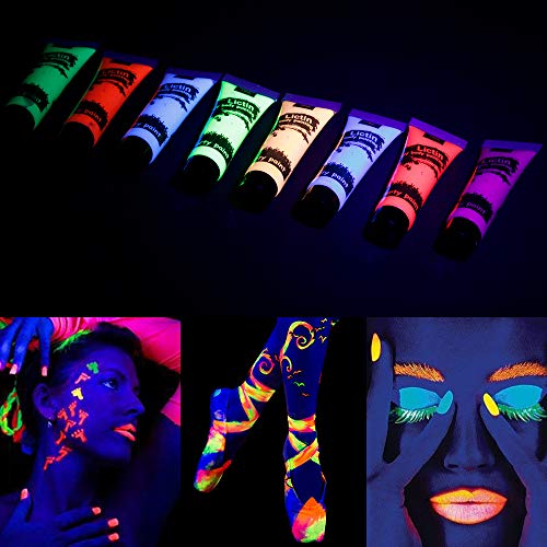 Lictin UV Bodypainting 8 Farben 6 Kinderschminke Glitzer Schminke Schwarzlicht Kinderschminke Set Schwarzlicht Schminke UV Farbe Schminke Fasching Karneval Schminke