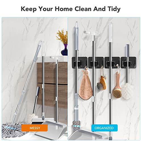 Image of homeasy Broom Holder Wall Mount 4Pcs, Self Adhesive Mop Broom Hanger | Self adhesive stainless steel broom organizer with 4 hooks, holds mops, brooms and garden tools without drilling