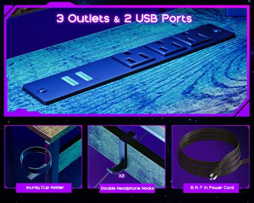 Odk L Shaped Gaming Desk With Led Lights & Power Outlets, 51" Computer Desk With Full Monitor Stand, Corner Desk With Cup Holder, Gaming Table With Hooks, Vintage #TOP5