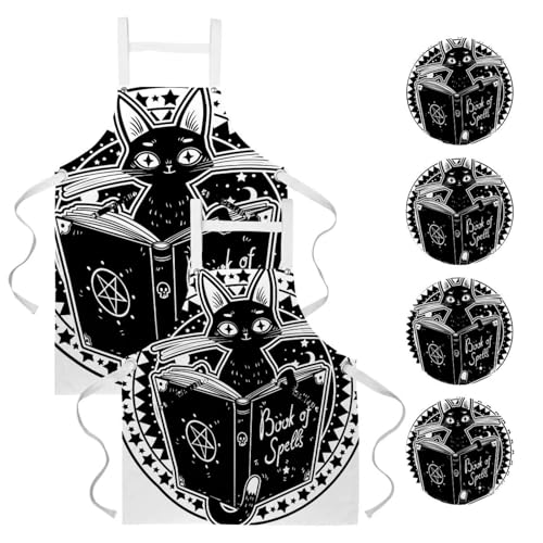 Lot de 2 tabliers de cuisine motif chat sorcière noir qui lit pour bistrot