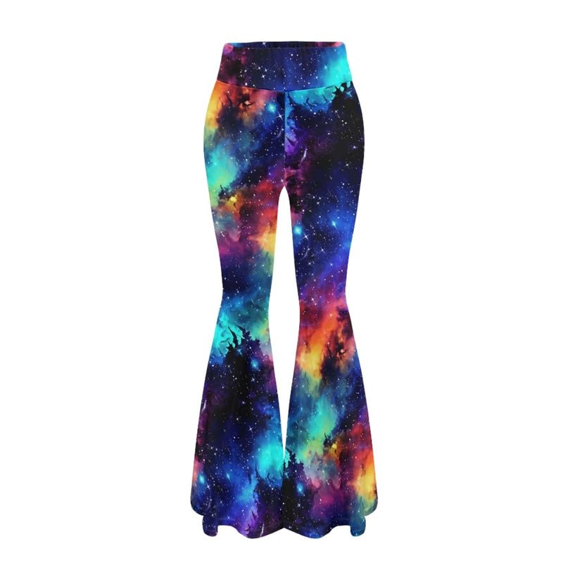 Irisjudy Galaxy Nebula Print Women Flare Leggings Elastic High Waist Colorful Starry Bootcut Yoga Pants, Black Bell Bottom Flared Sweatpants for Women