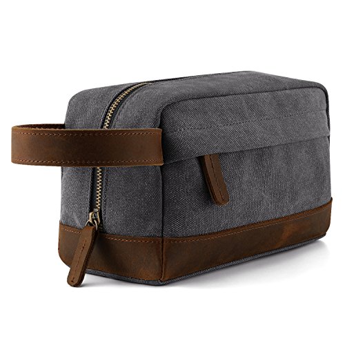 Plambag Travel Toiletry Organizer Bag for Men, Canvas Leather Shaving Dopp Kit（Gray）