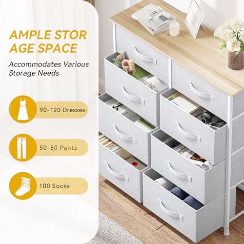 DWVO Fabric Dresser for Bedroom, Tall Dresser with 8 Drawers, Storage Tower with Fabric Bins, Chest of Drawers for Closet & Living Room - Sturdy Steel Frame, Wooden Top