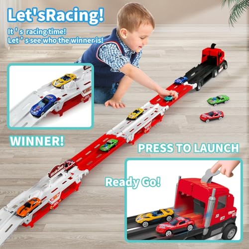 Image of Happy Hues Big Hauler Storage & Deform Truck Toy with 55 inch 2 Ejection Race Track & 6 Cars- Catapult Truck with LED Light & Music for Kids (Red)