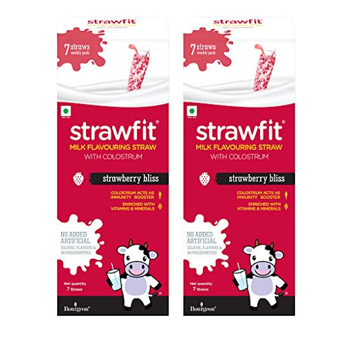 Strawfit Strawberry, Milk Flavoring Straw with Colostrum for Immunity, Health and Nutrition, Total 14 Straws (2 Packs), Red